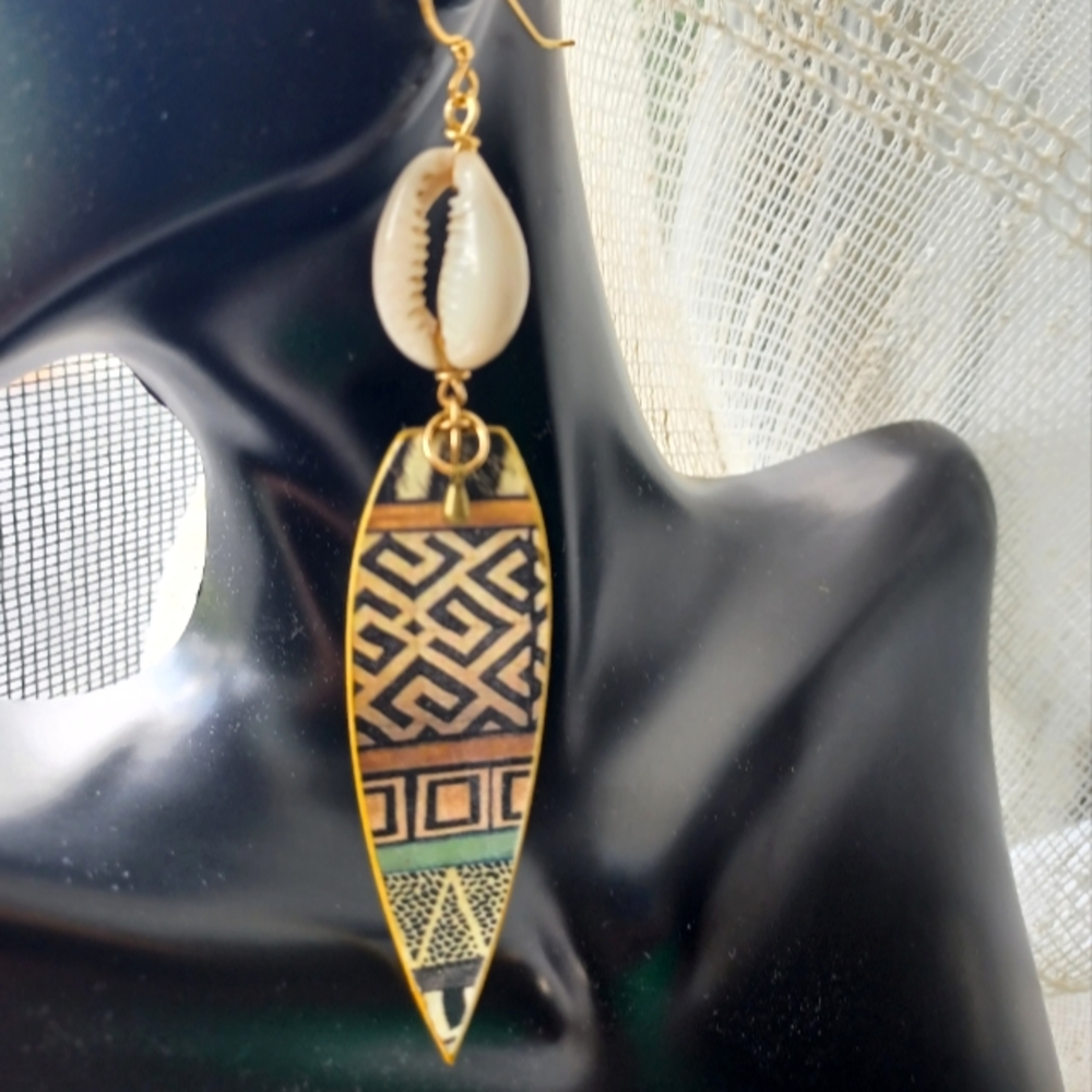 African Kente Print & Cowrie Shell Earrings